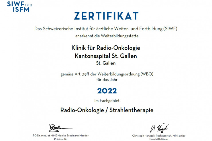 Die Klinik für Radio-Onkologie ist anerkannte Weiterbildungsstätten der Kategorie A des Schweizerischen Instituts für ärztliche Weiter- und Fortbildung (SIWF).